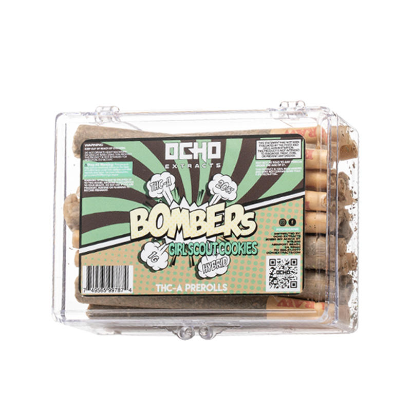 Girl Scout Cookies (Hybrid): Ocho Extracts Bombers THC-A Pre-Roll, Girl Scout Cookies Hybrid strain, offering a balanced, smooth smoke with THC-A infusion for an uplifting and relaxing experience.
