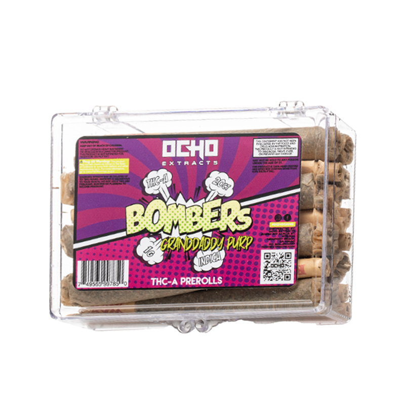 Granddaddy Purp (Indica): Ocho Extracts Bombers THC-A Pre-Roll, Granddaddy Purp Indica strain, featuring a relaxing, full-bodied smoke infused with THC-A for deep, soothing effects.