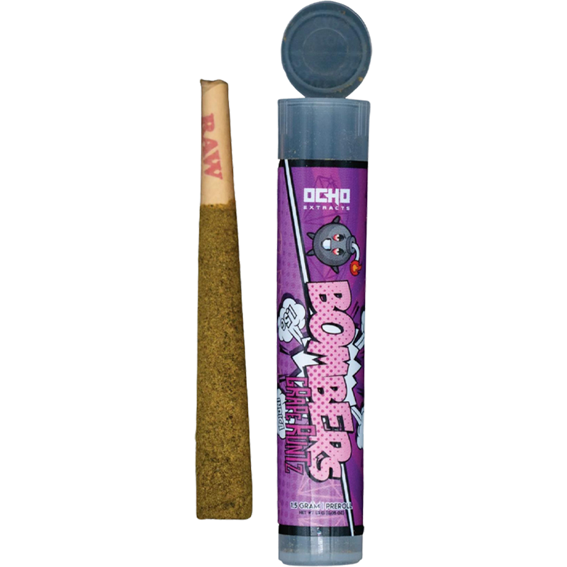 Grape Runtz (Indica): Ocho Extracts Bombers Caviar Pre-Roll, Grape Runtz Indica strain, packed with THC-A, Delta-8, CBD, and CBG for a potent, relaxing experience wrapped in THCA diamonds and CBG kief.