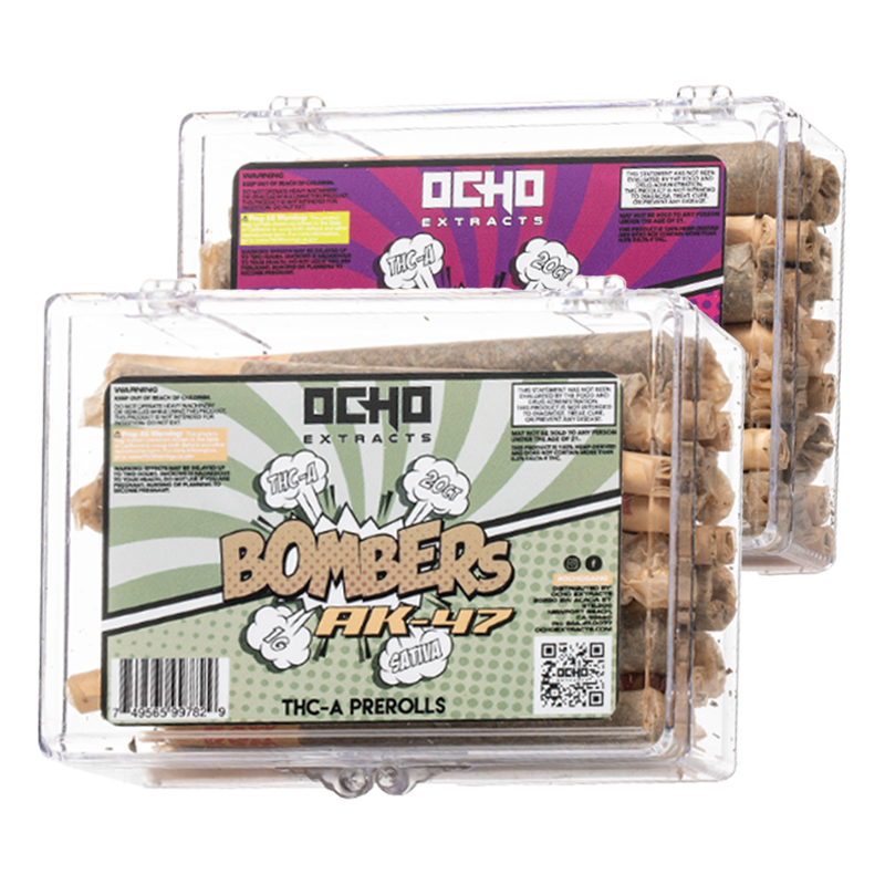 Ocho Extracts Bombers THC-A Pre-Rolls – 20 count of high-quality hemp flower infused with THC-A for a potent, smooth, and consistent smoking experience.
