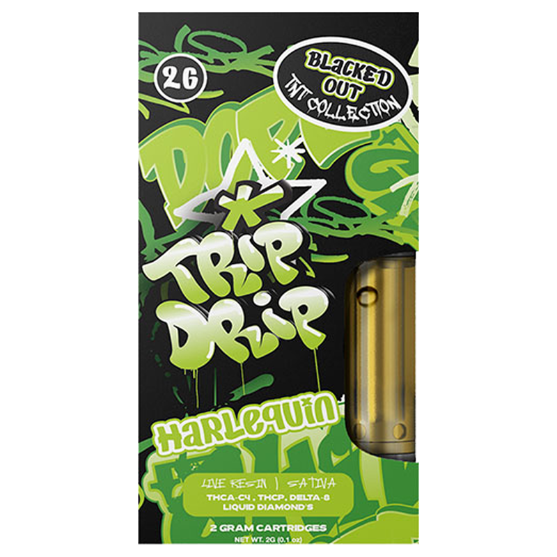 Trip Drip TNT Blacked Out Harlequin 2g Cart—a smooth, uplifting sativa with a balanced cannabinoid profile and terpene-rich flavor for daytime relaxation.