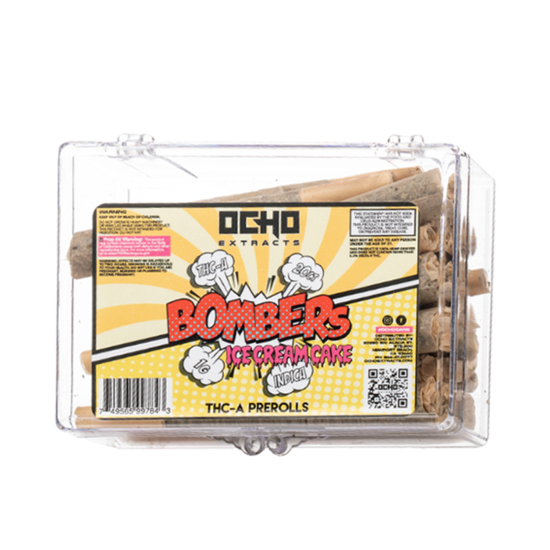 Ice Cream Cake (Indica): Ocho Extracts Bombers THC-A Pre-Roll, Ice Cream Cake Indica strain, offering a sweet, smooth smoke infused with THC-A for relaxing, stress-relieving effects