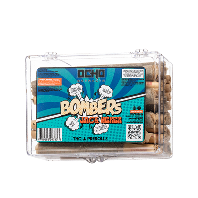 Jack Herer (Sativa): Ocho Extracts Bombers THC-A Pre-Roll, Jack Herer Sativa strain, packed with THC-A and premium hemp for a smooth, energizing smoke to fuel your day.