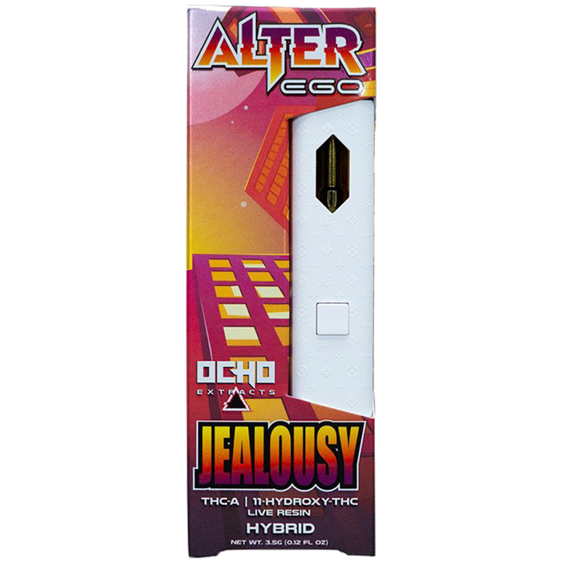 Jealousy: Ocho Extracts Alter Ego Disposable with Jealousy (Hybrid), providing a smooth, relaxing vaping experience with a mellow, calming effect.