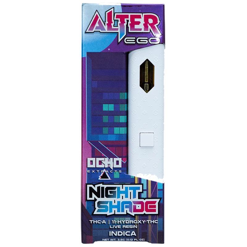 Night Shade: Ocho Extracts Alter Ego Disposable with Night Shade (Hybrid), offering a balanced vaping experience with a perfect combination of relaxation and euphoria.