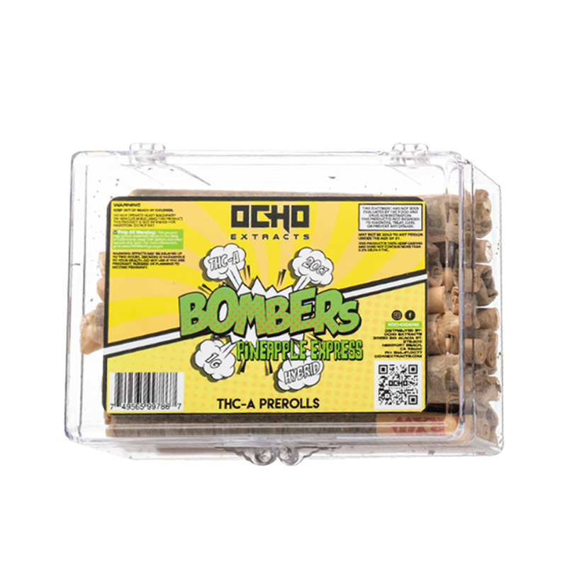 Pineapple Express (Hybrid): Ocho Extracts Bombers THC-A Pre-Roll, Pineapple Express Hybrid strain, delivering a tropical, smooth smoke with THC-A infusion for a balanced, energetic experience.