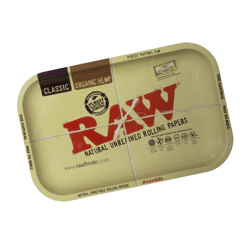 Metal Rolling Tray in Raw,  Zig Zag (Black) and Zig Zag (Slow Burning) designs, featuring raised edges and durable metal surface for easy herb rolling.