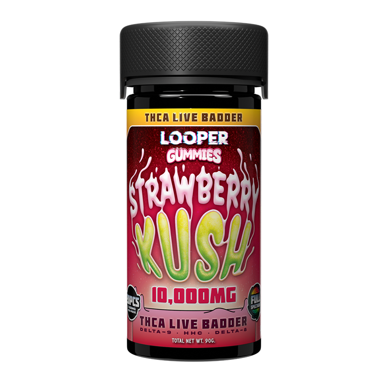 Strawberry Kush Looper THCA Live Badder Gummies – 10,000mg – A sweet strawberry gummy infused with a Kush-inspired terpene profile & 500mg of active cannabinoids.